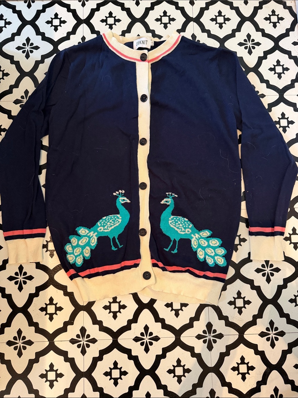 🦚 Oxknit Navy Peacock Embroidered Cardigan women’s XL